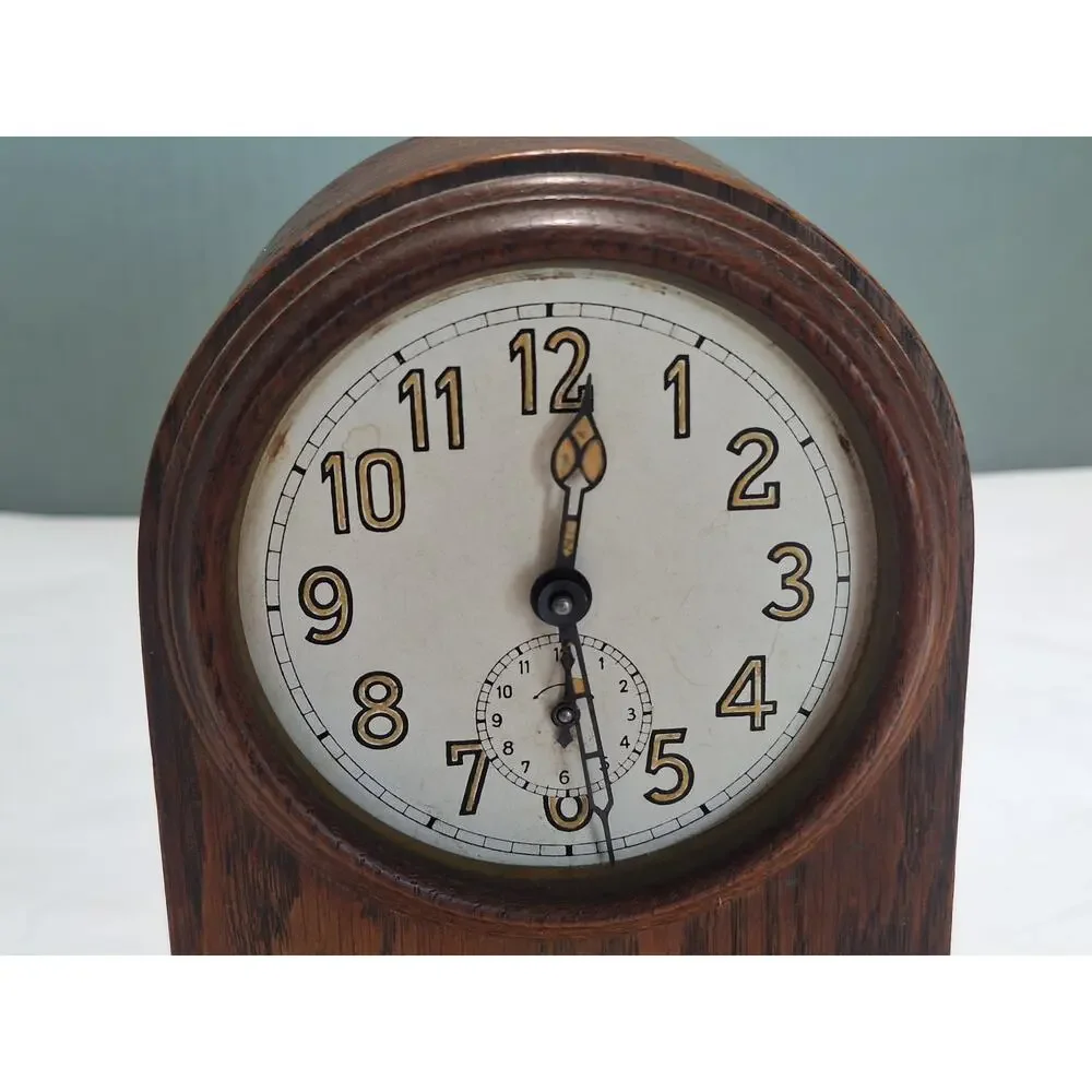 Antique Oak Mechanical Alarm Mantel Clock German Movement Arched Case- WORKING!